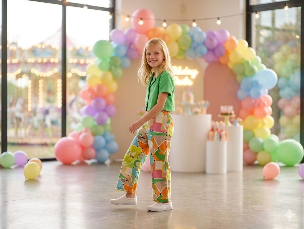 Kız Çocuk Vatkalı Blazer Ceket Rengarenk Desenli Geniş Paça Pantolon 2'li TakımAlt-Üst TakımHilal Akıncı Kids