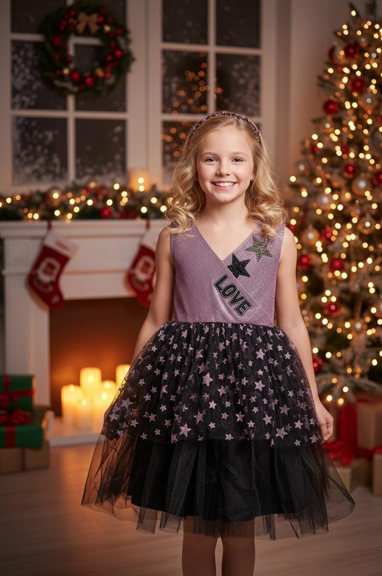 Kız Çocuk Yıldızlı Simli Love Model Abiye ElbiseAbiye ElbiseHilal Akıncı Kids