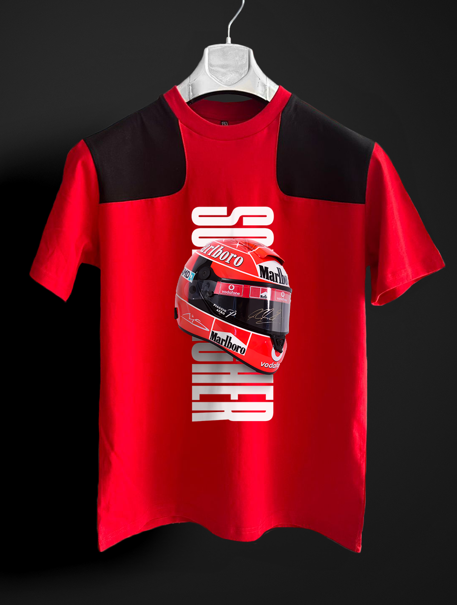 Schumacher İmzalı Kask kırmızı siyah T-shirt