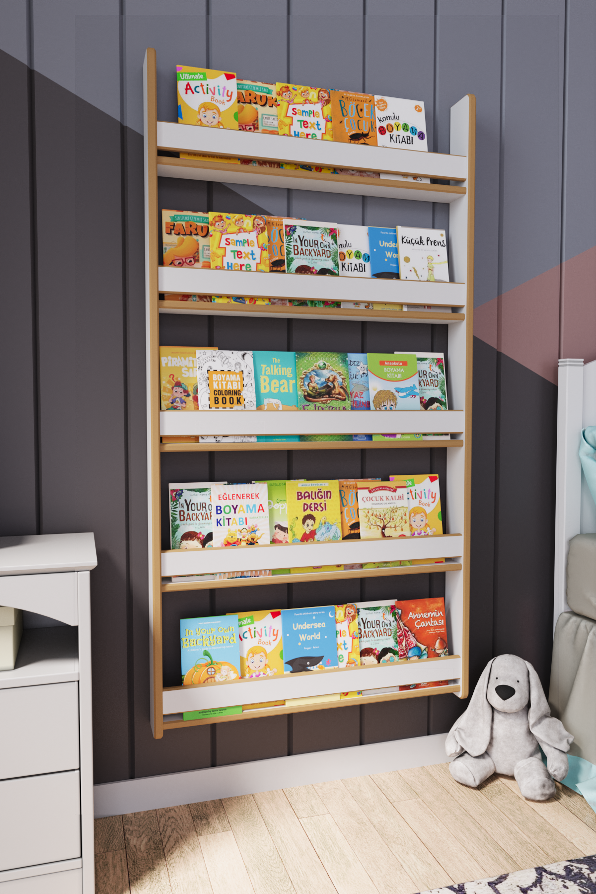 Montessori 5 Raflı Mdf Çocuk Kitaplığı 154*80 Cm Beyaz