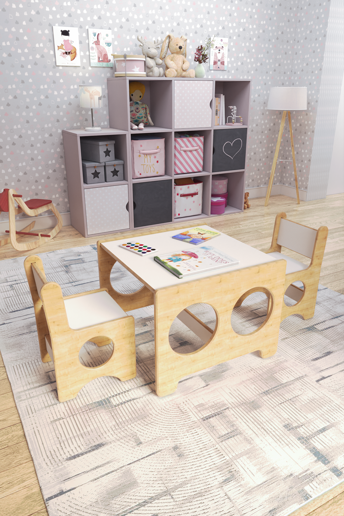Montessori Çocuk Oyun & Aktivite & Çalışma Masa Ve 2 Sandalye