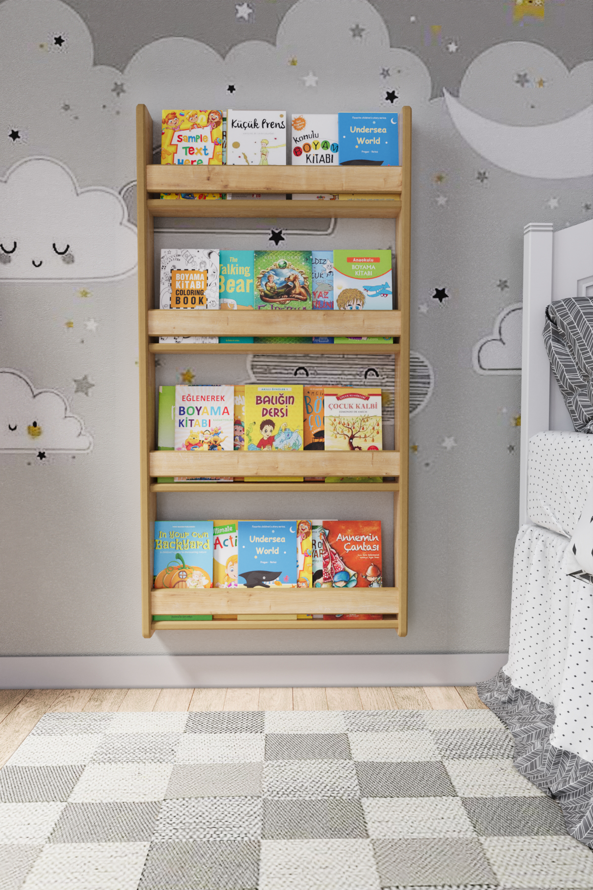Montessori 4 Raflı Çocuk Kitaplığı 120*60 Cm Safir Meşe