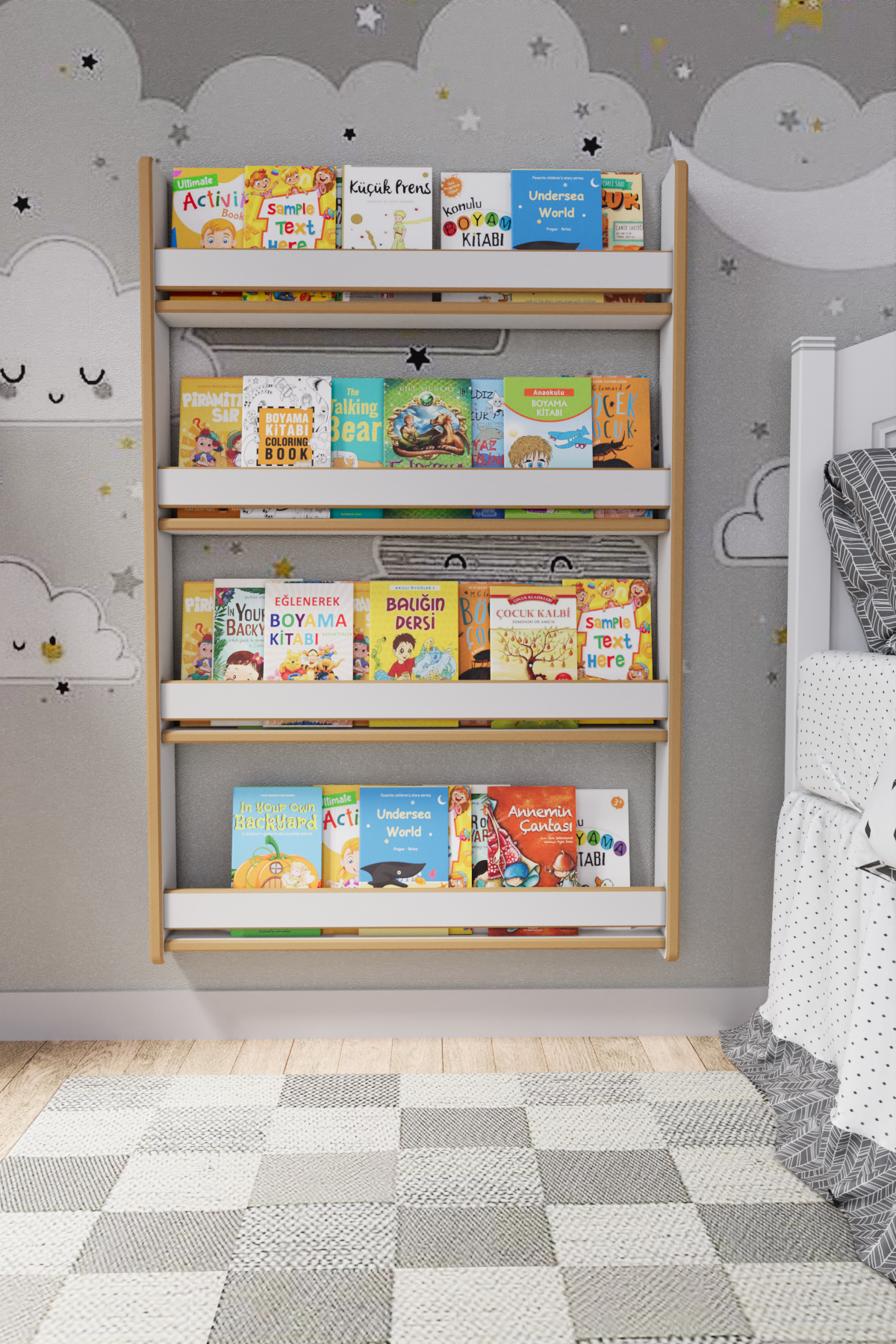 Montessori 4 Raflı Çocuk Kitaplığı 120*80 Cm Beyaz