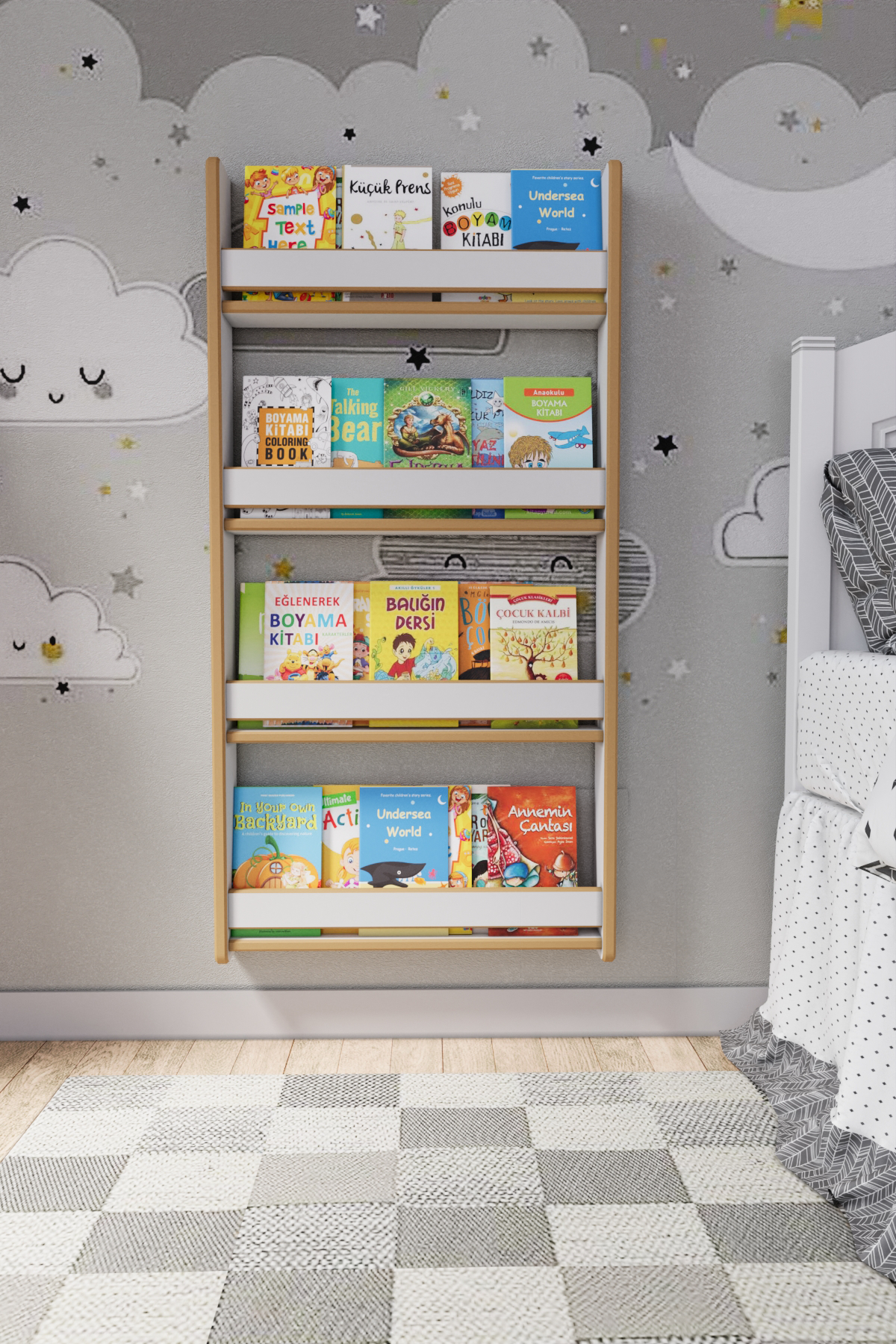 Montessori 4 Raflı Çocuk Kitaplığı 120*60 Cm Beyaz