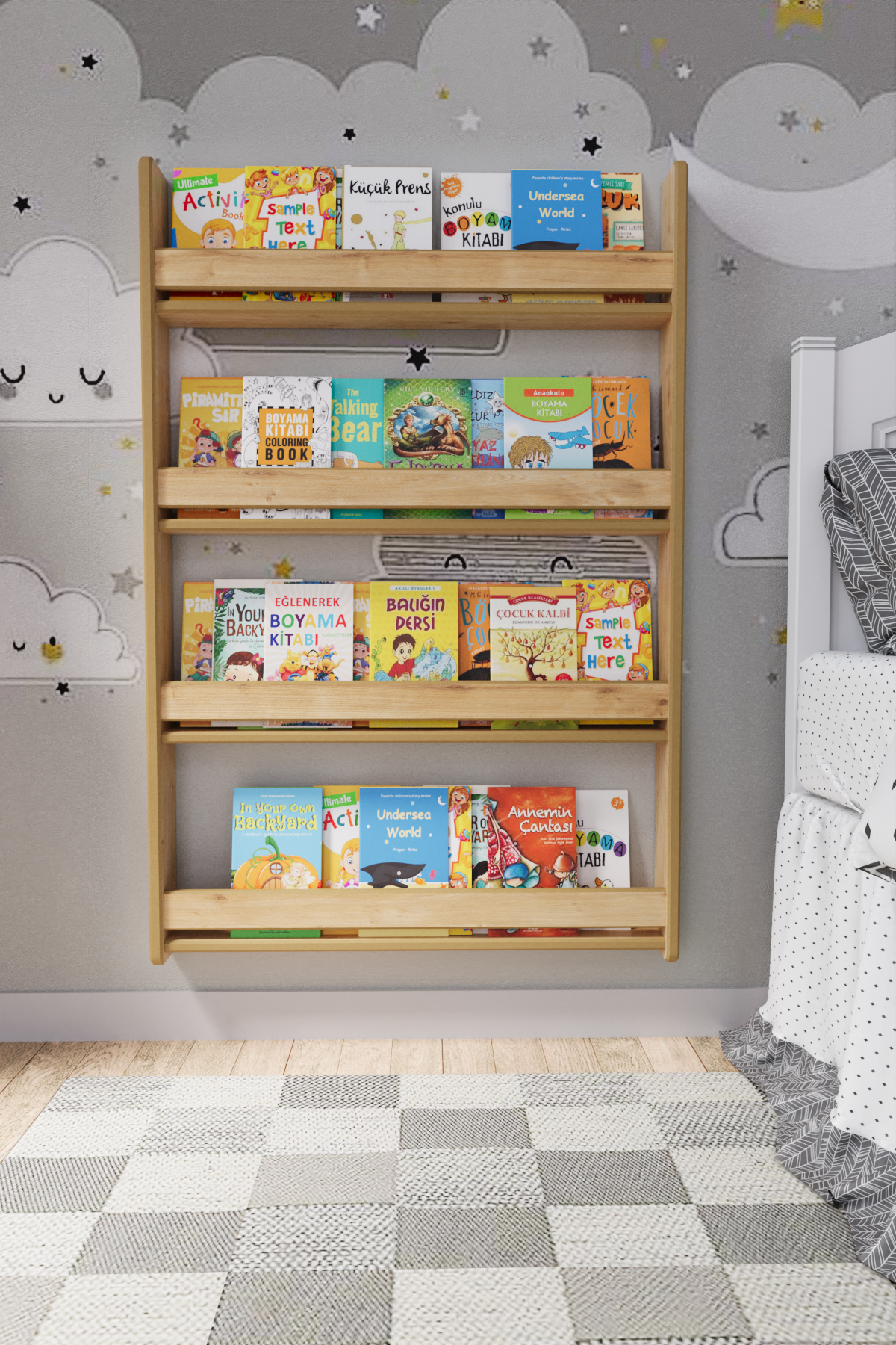 Montessori 4 Raflı Çocuk Kitaplığı 120*80 Cm Safir meşe