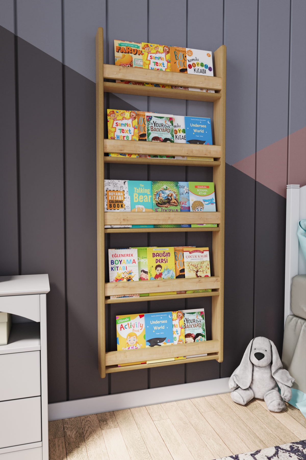 Montessori 5 Raflı Mdf Çocuk Kitaplığı 154*60 Cm Safir Meşe