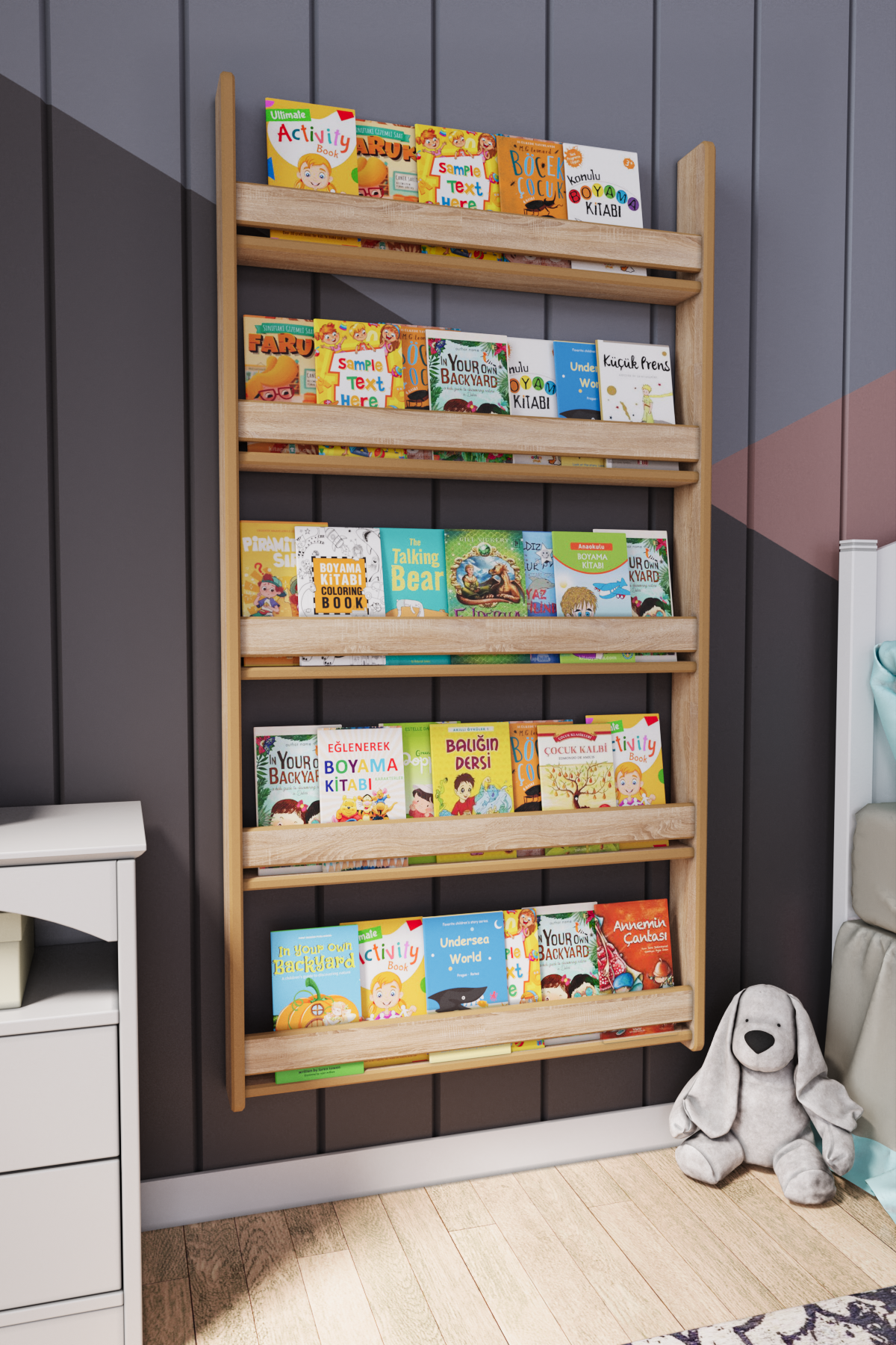 Montessori 5 Raflı Mdf Çocuk Kitaplığı 154*80 cm Sonoma Meşe