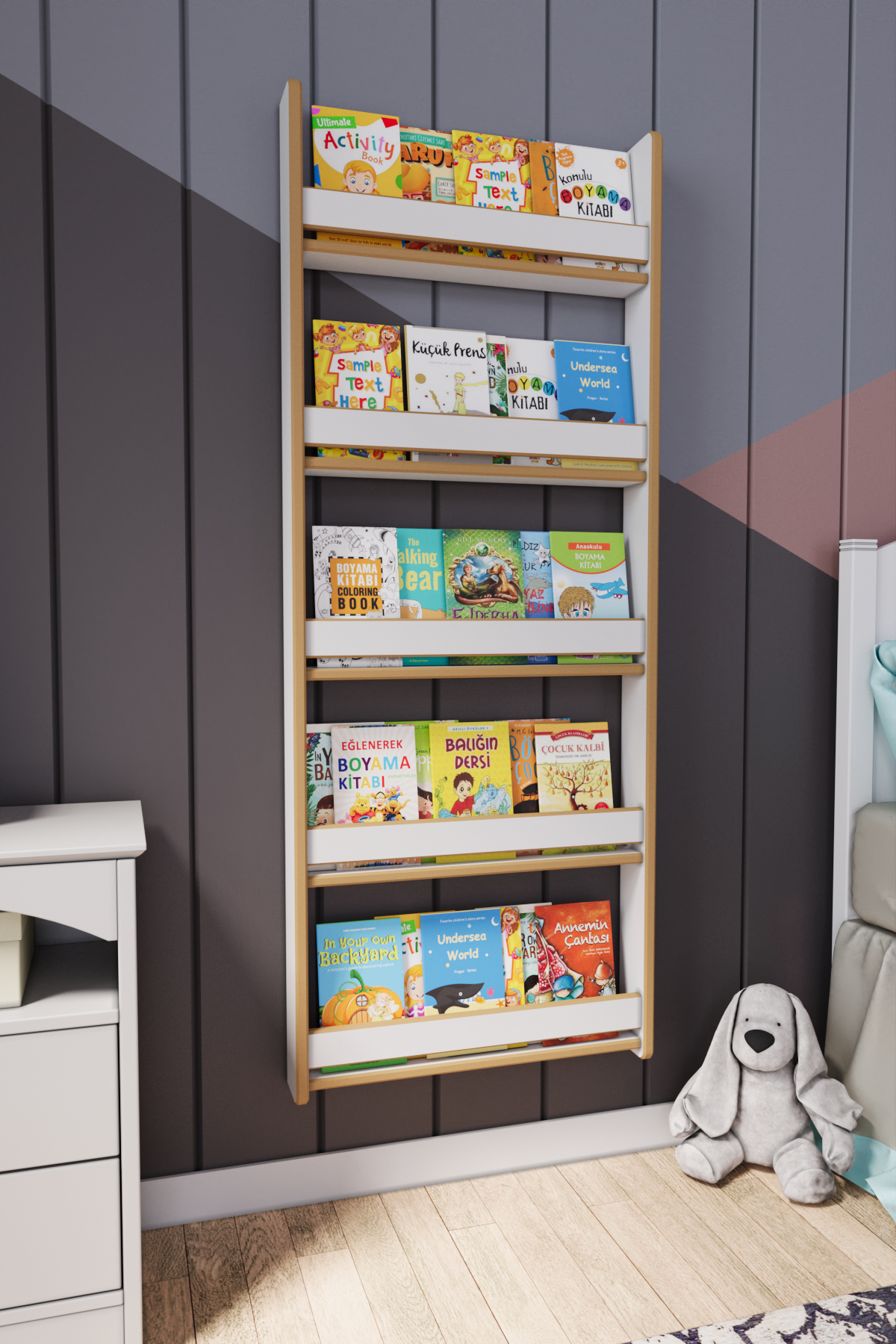 Montessori 5 Raflı Mdf Çocuk Kitaplığı 154*60 Cm Beyaz