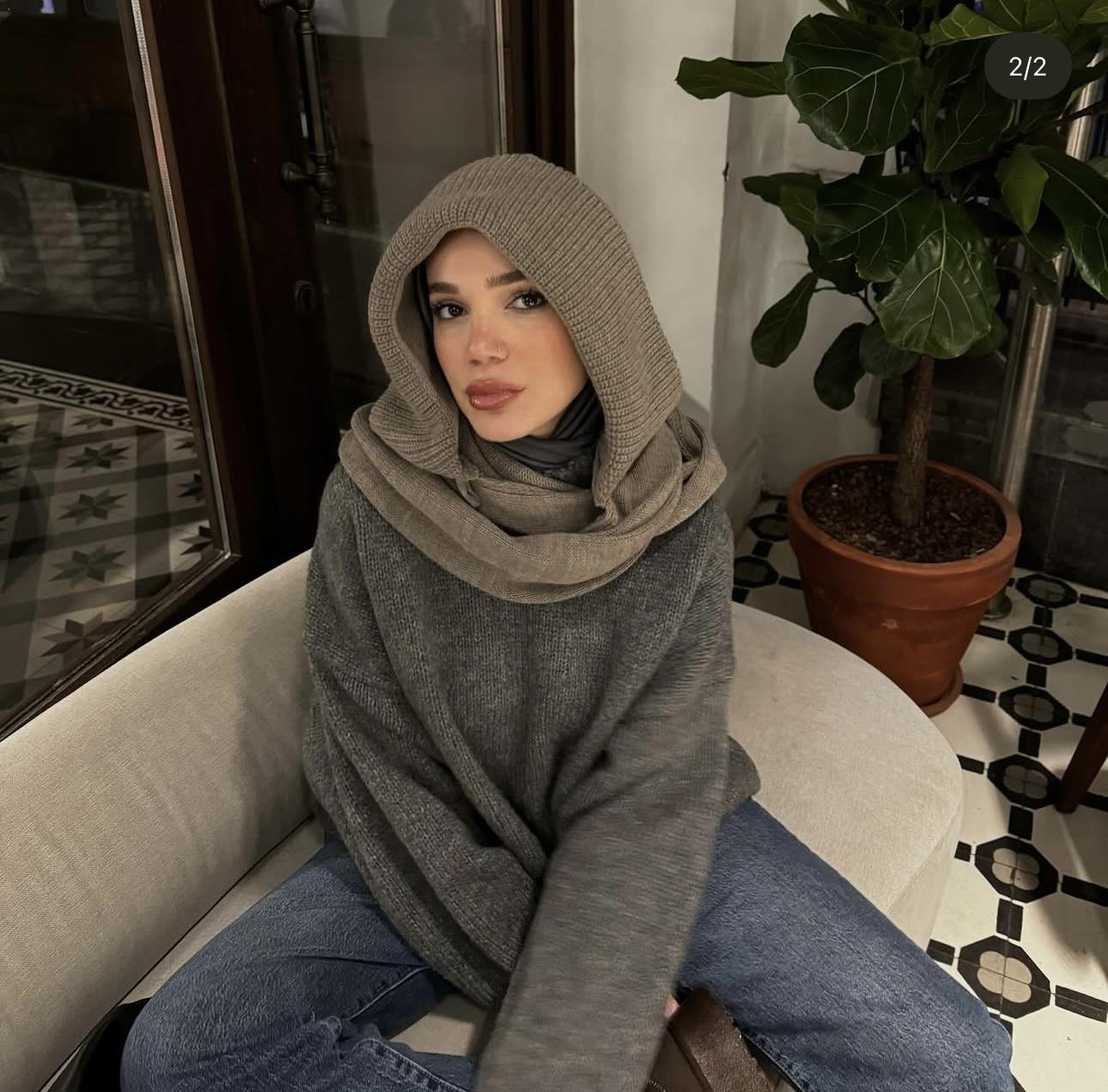 Kapüşonlu Atkılı Bere Kahve