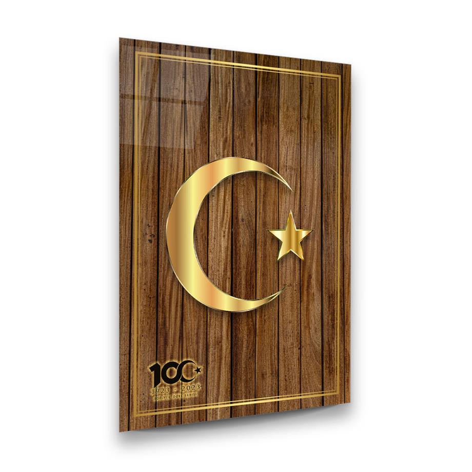 100. Yıl Özel Seri Türk Bayrağı Dikey Cam Tablo-Glass Art Concept