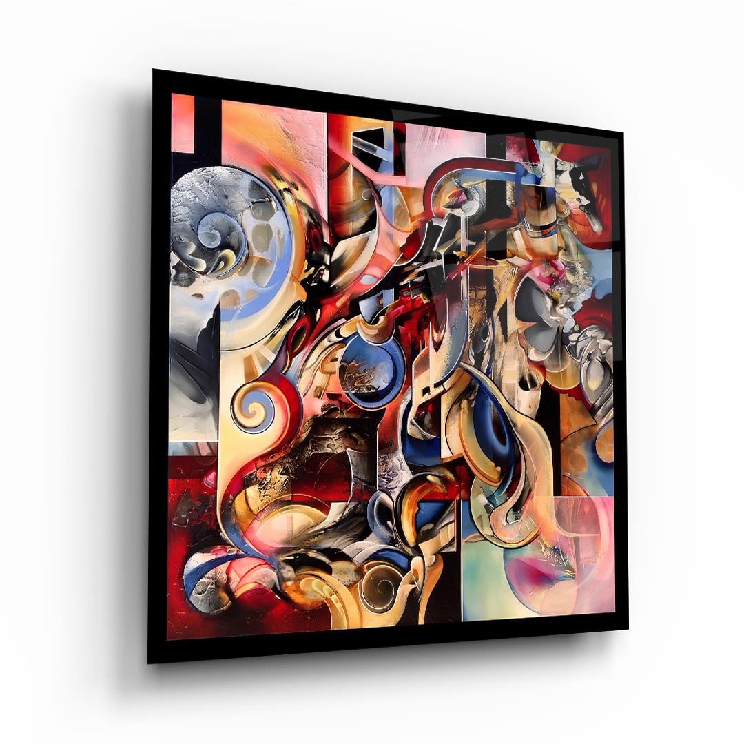 3 Boyutlu Soyut Çalışma Kare Cam Tablo-Glass Art Concept