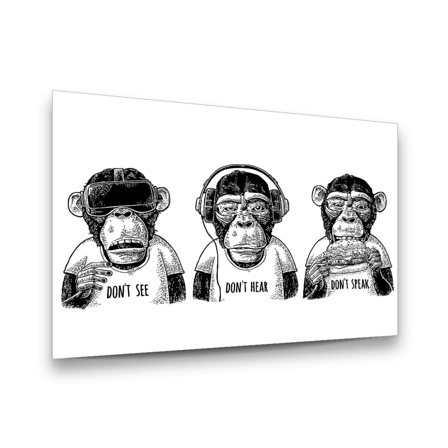 3 Maymun Manipülasyon Yatay Cam Tablo-Glass Art Concept