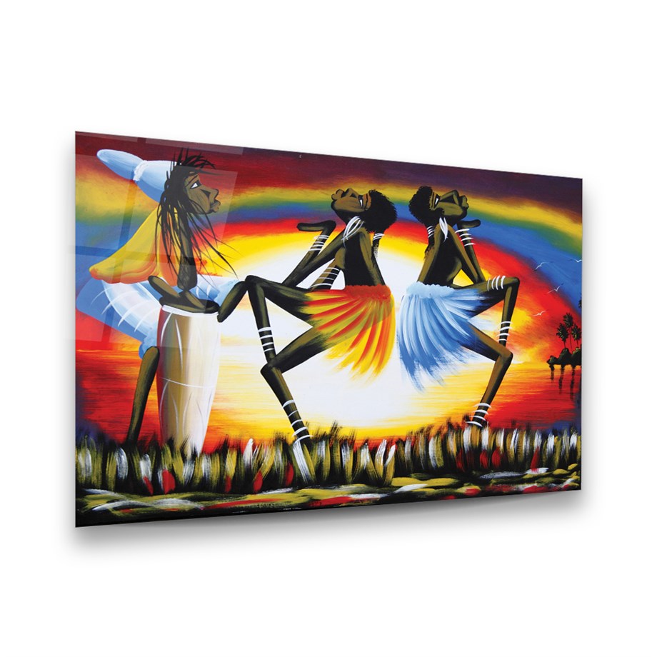 Afrika Beach Dans Yağlı Boya Yatay Cam Tablo-Glass Art Concept