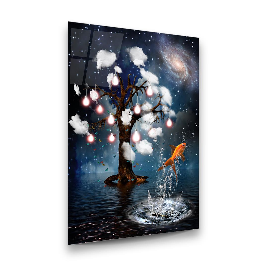 Ağaç ve Balık Manipülasyon Dikey Cam Tablo-Glass Art Concept