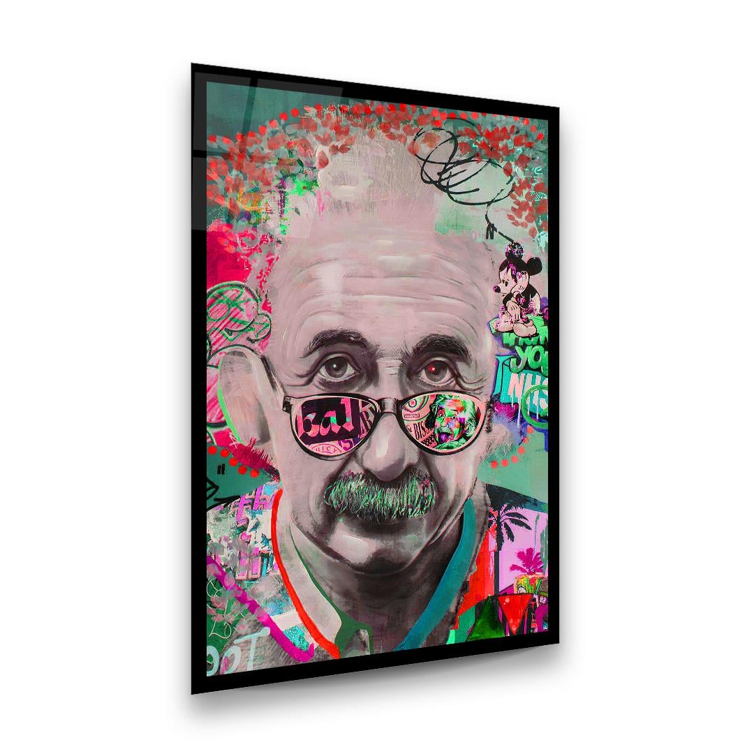 Albert Einstein Renkli Tasarım Dikey Cam Tablo-Glass Art Concept