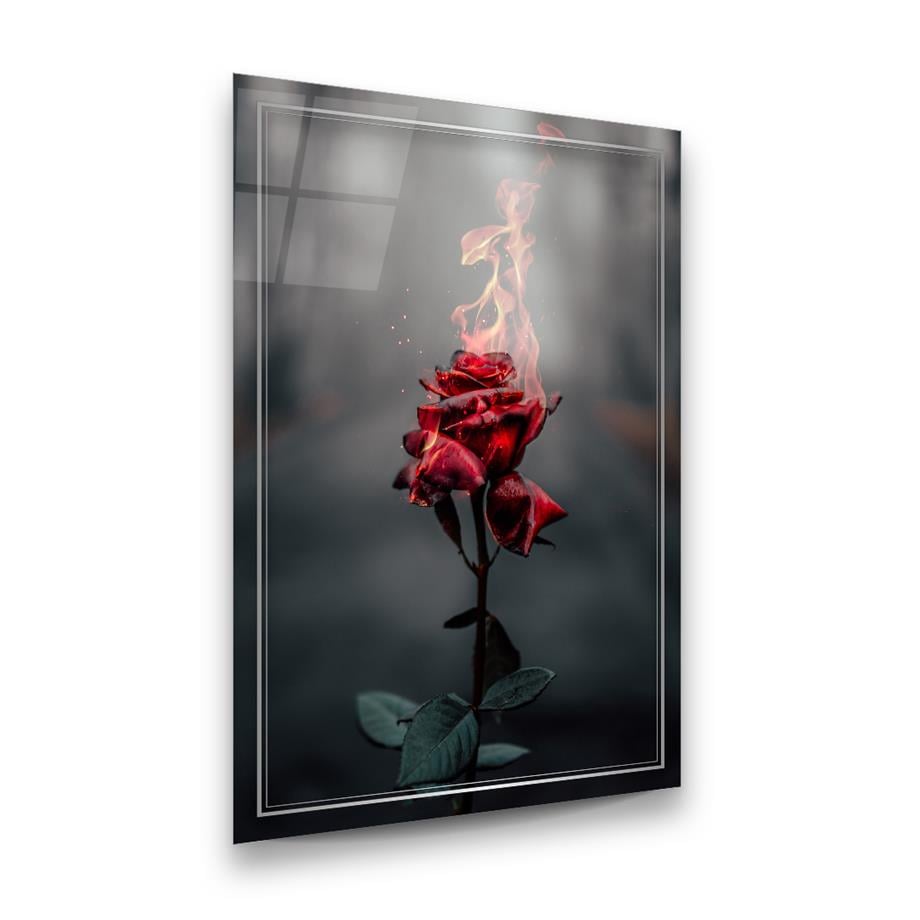Alev ve Kırmızı Gül Dikey Cam Tablo-Glass Art Concept