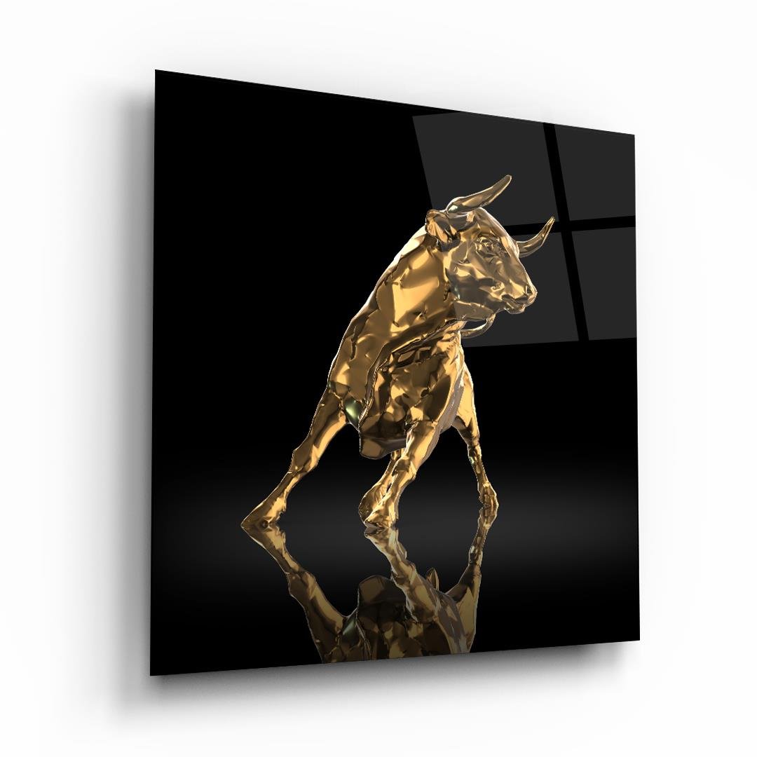 Altın Boğa Kare Cam Tablo-Glass Art Concept