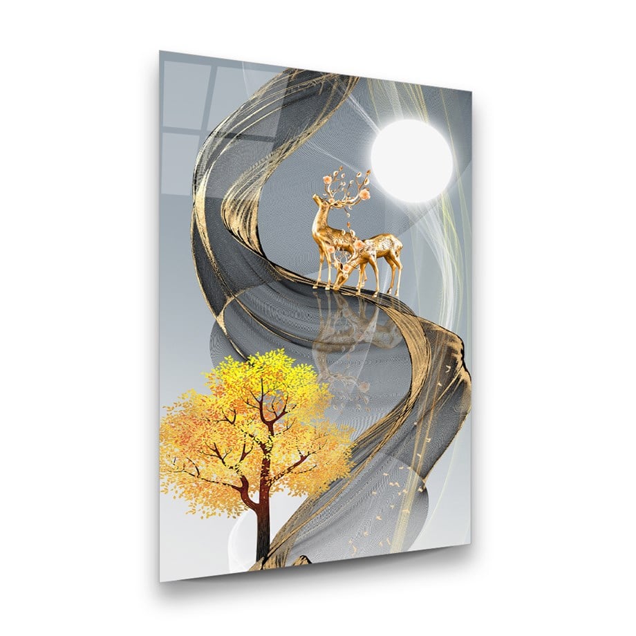 Altın Geyikler Dikey Cam Tablo-Glass Art Concept