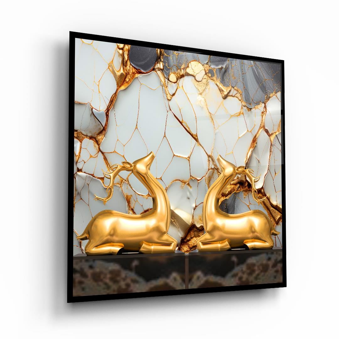 Altın Geyikler Kare Cam Tablo-Glass Art Concept