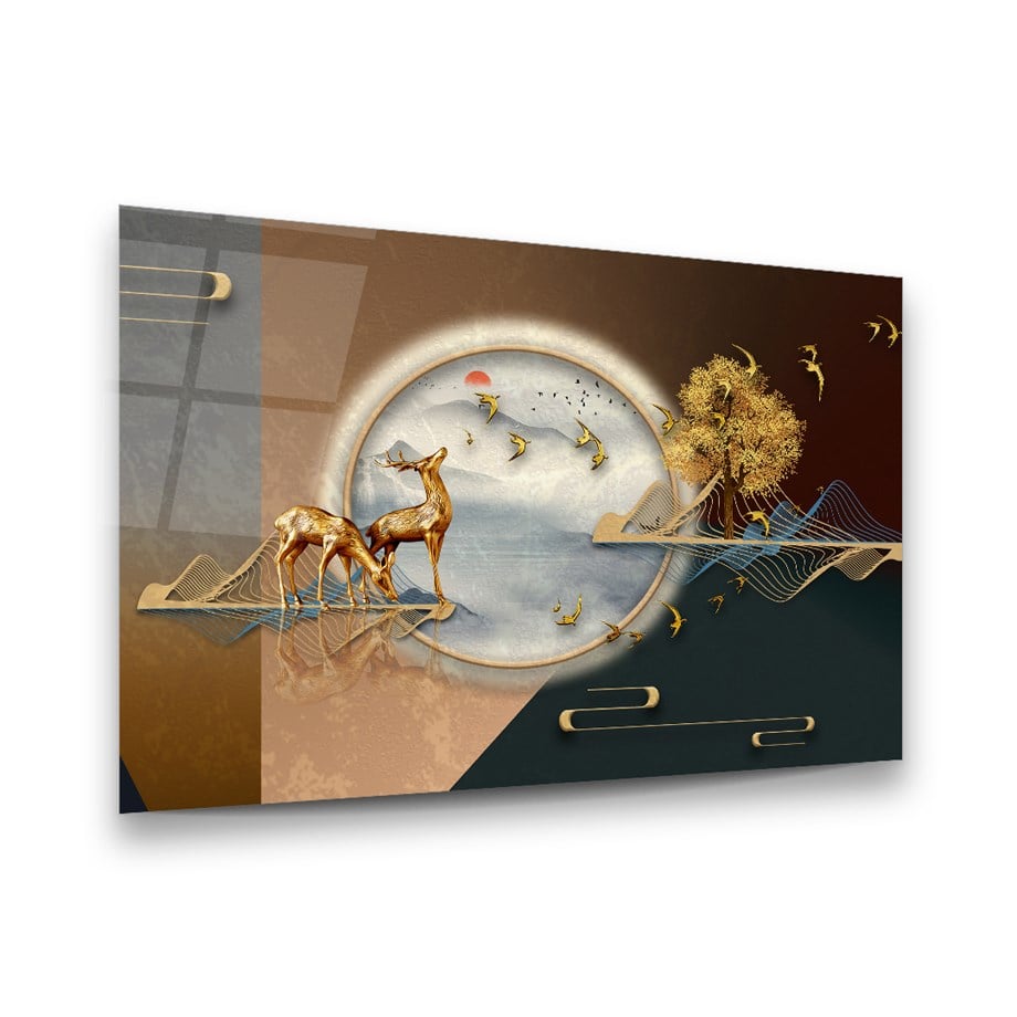 Altın Geyikler Yatay Cam Tablo-Glass Art Concept