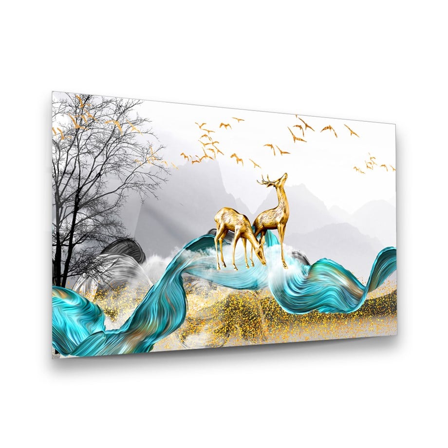 Altın Geyikler Yatay Cam Tablo-Glass Art Concept