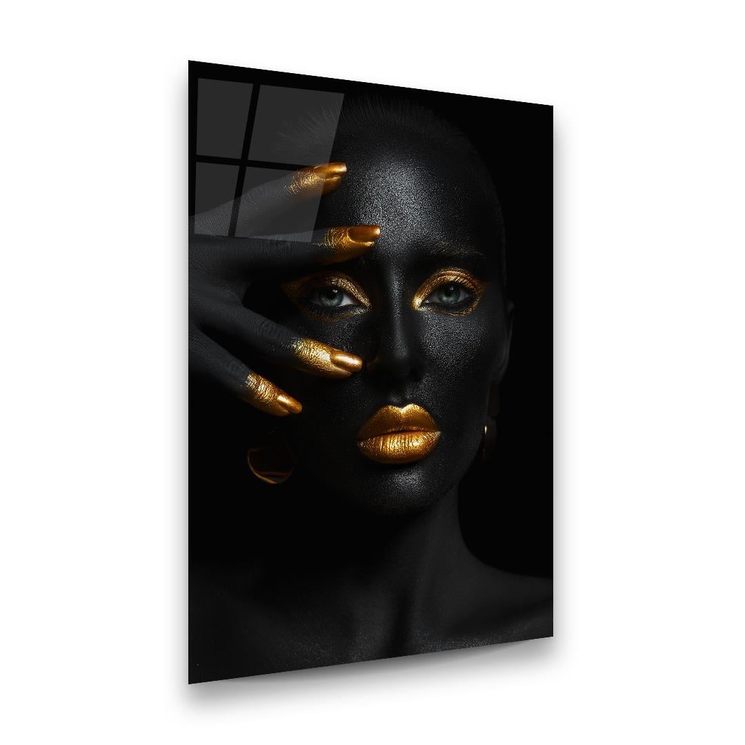 Altın Temalı Siyahi Kadın 2 Dikey Cam Tablo-Glass Art Concept
