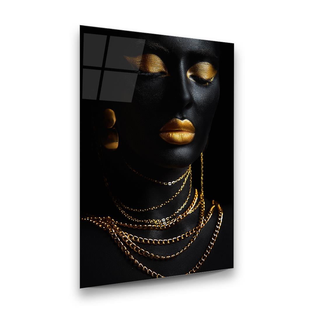 Altın Temalı Siyahi Kadın Dikey Cam Tablo-Glass Art Concept