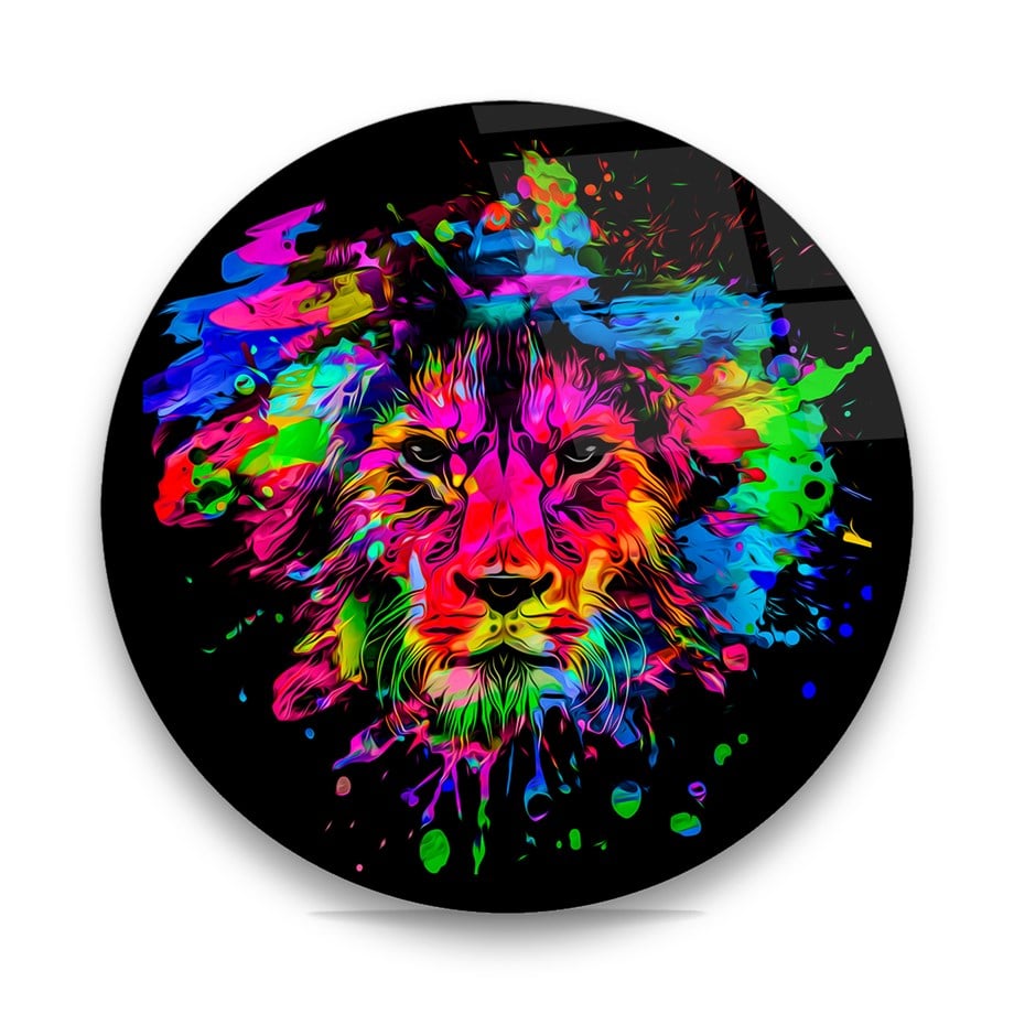 Aslan İllüstratör Yuvarlak Cam Tablo-Glass Art Concept