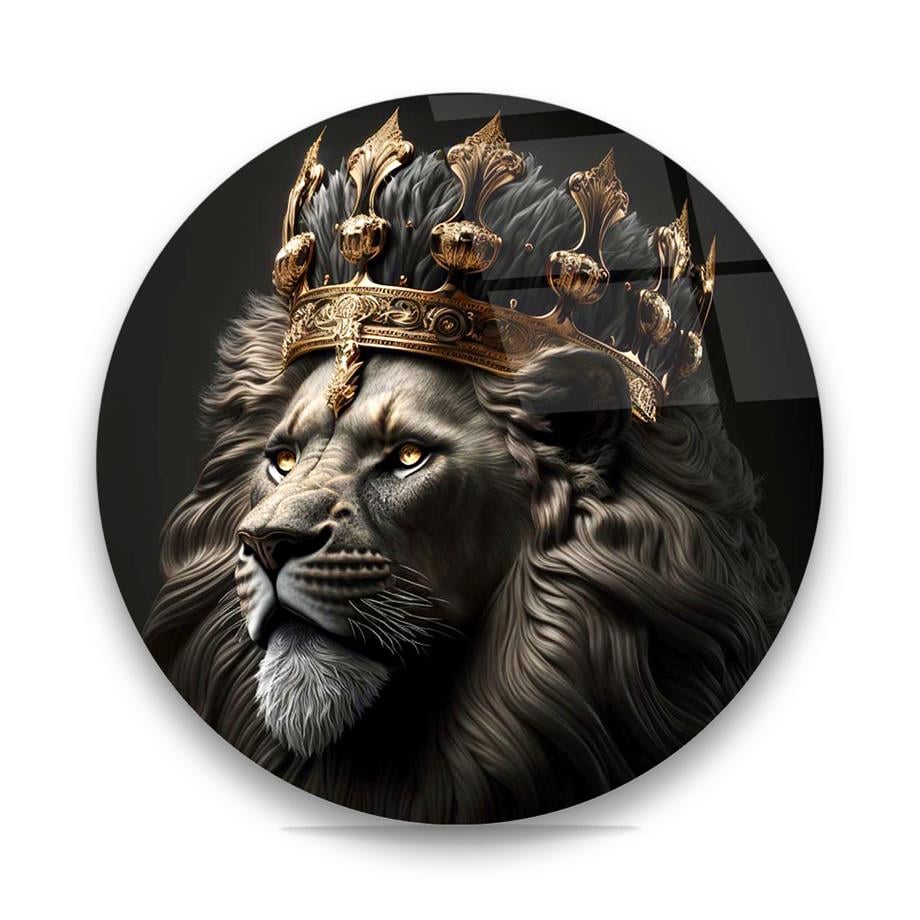 Aslan Kral Yuvarlak Cam Tablo-Glass Art Concept