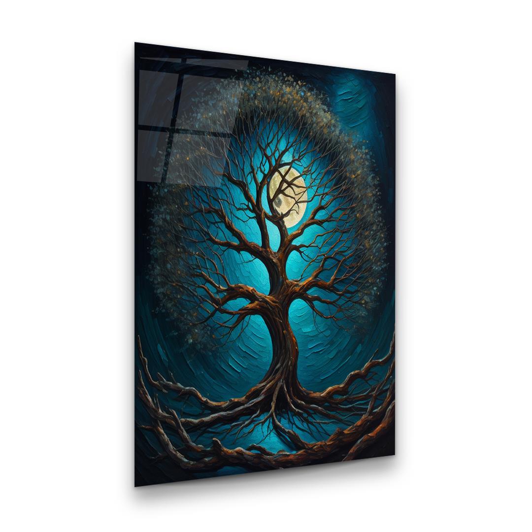 Ay ve Ağaç Dikey Cam Tablo-Glass Art Concept