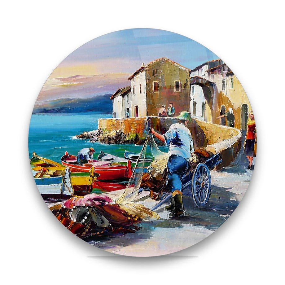 Balıkçılar Yağlı Boya Çalışma Yuvarlak Cam Tablo-Glass Art Concept
