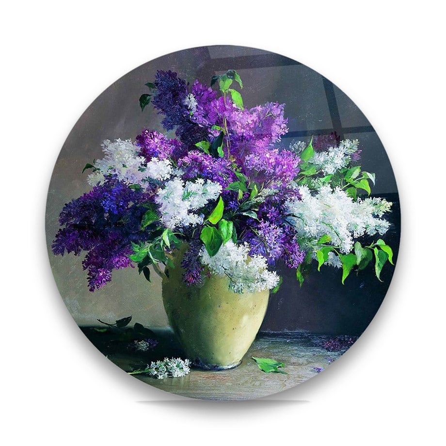 Çiçek Yağlı Boya Çalışma Yuvarlak Cam Tablo-Glass Art Concept