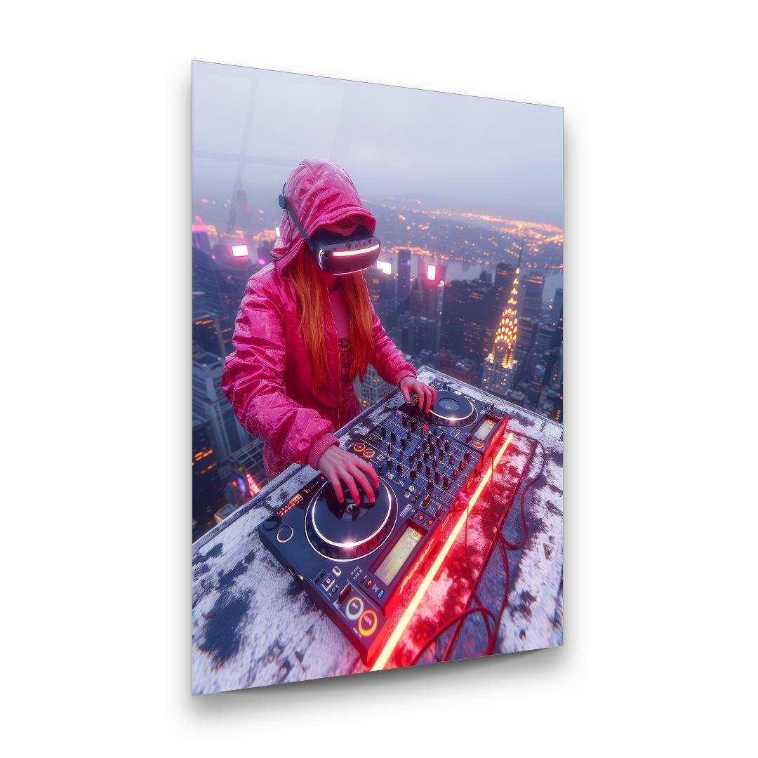 DJ Kadın Dikey Cam Tablo-Glass Art Concept