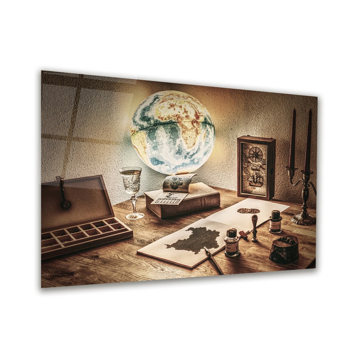Dünya Ve Pusula Yatay Cam Tablo