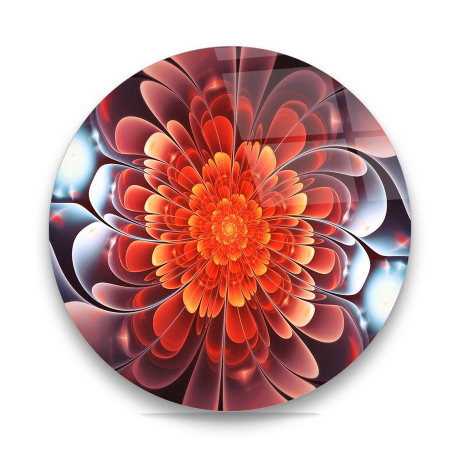 Fraktal Kırmızı Çiçek Yuvarlak Cam Tablo-Glass Art Concept