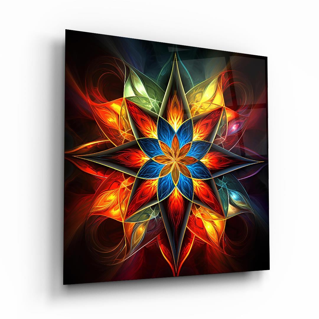 Fraktal Renkli Çiçek Kare Cam Tablo-Glass Art Concept