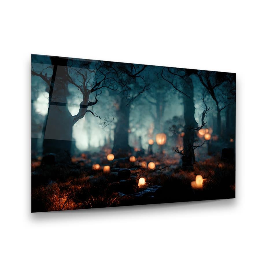 Gece Orman Yatay Cam Tablo-Glass Art Concept
