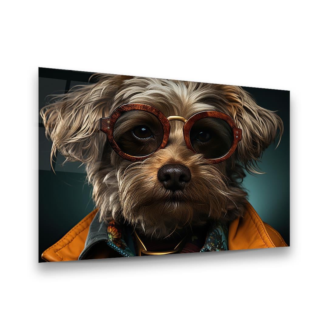 Gözlüklü Köpek Yatay Cam Tablo-Glass Art Concept