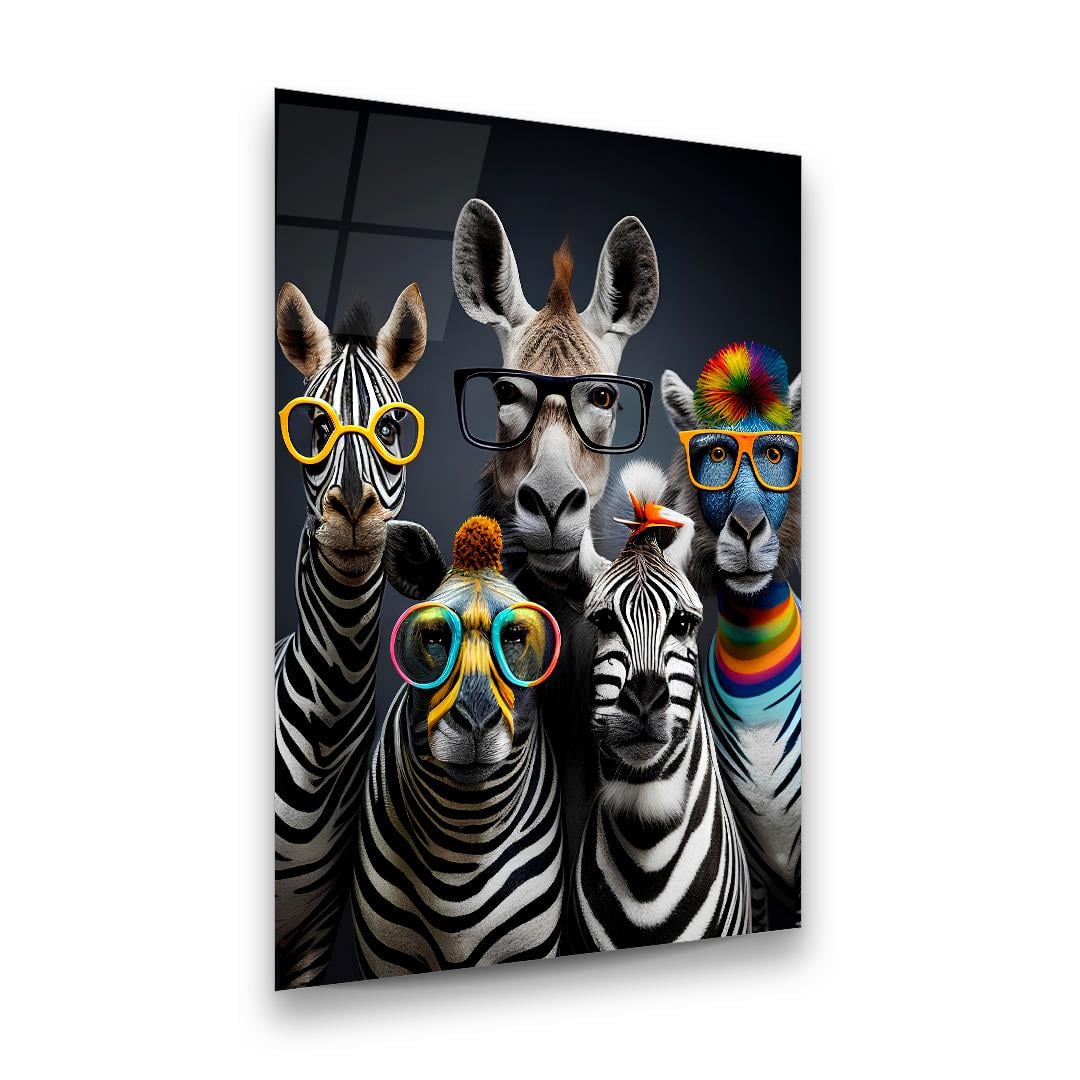 Gözlüklü Zebralar Dikey Cam Tablo-Glass Art Concept