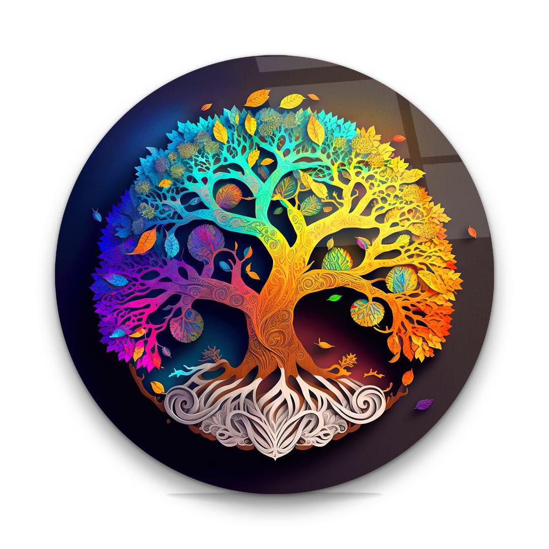 Hayat Ağacı 14 Yuvarlak Cam Tablo-Glass Art Concept