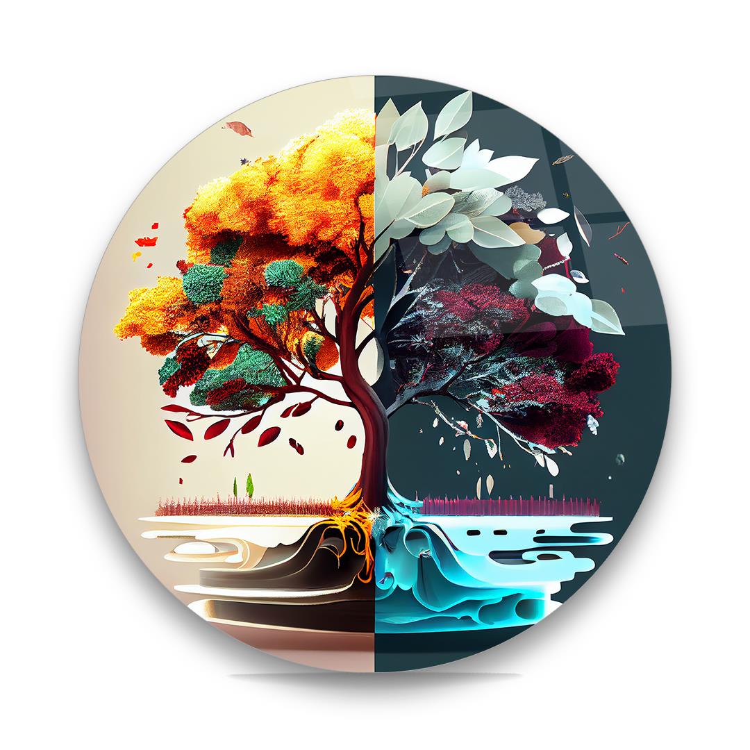 Hayat Ağacı 3 Yuvarlak Cam Tablo-Glass Art Concept