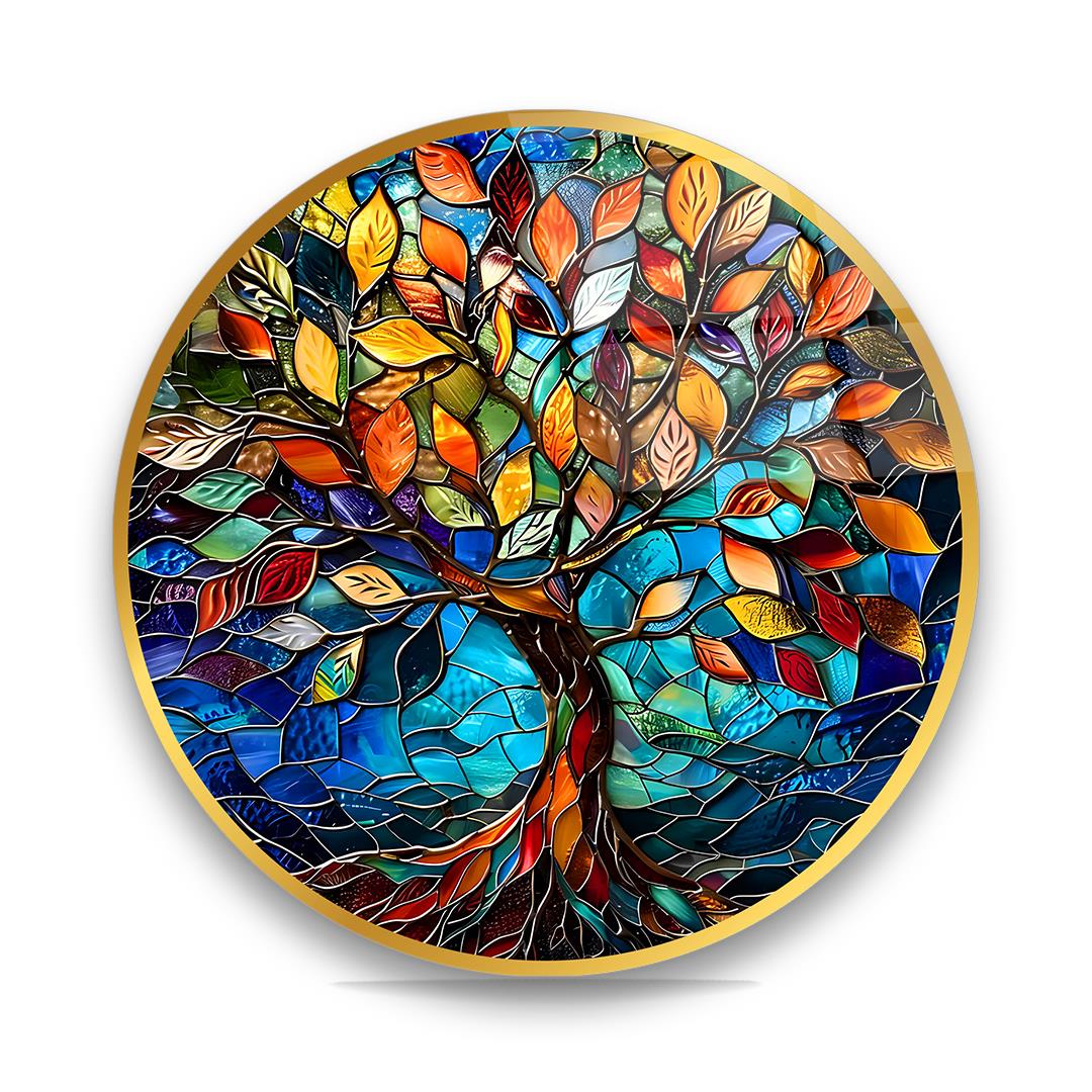 Hayat Ağacı 7 Yuvarlak Cam Tablo-Glass Art Concept