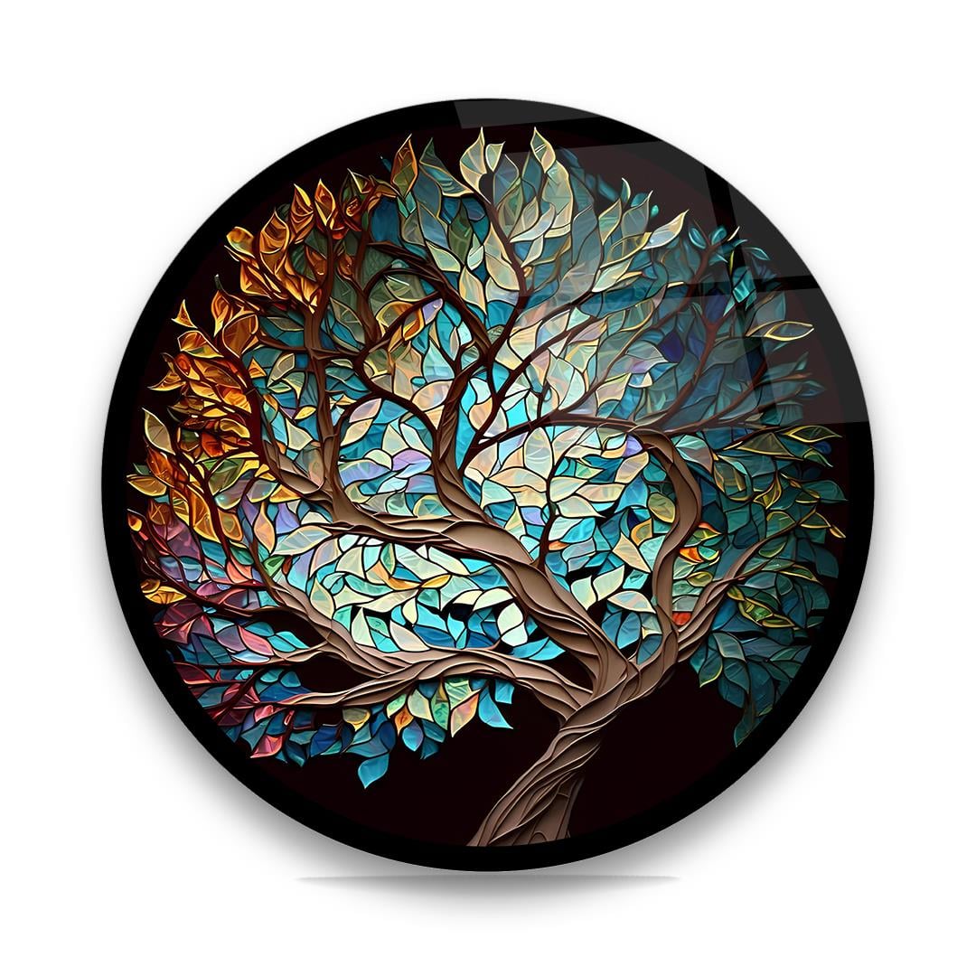Hayat Ağacı Yuvarlak Cam Tablo-Glass Art Concept