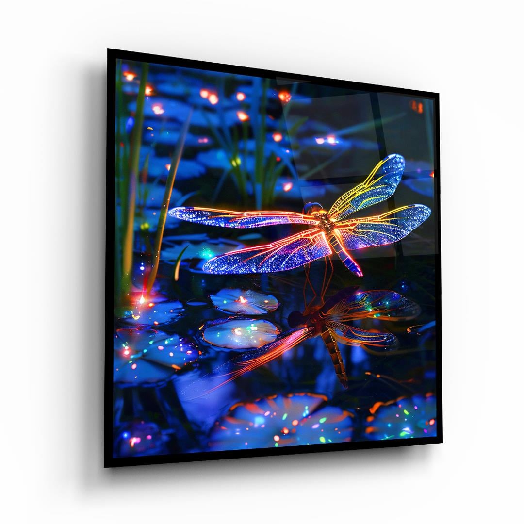 Işıltılı Yusufçuk Kare Cam Tablo-Glass Art Concept