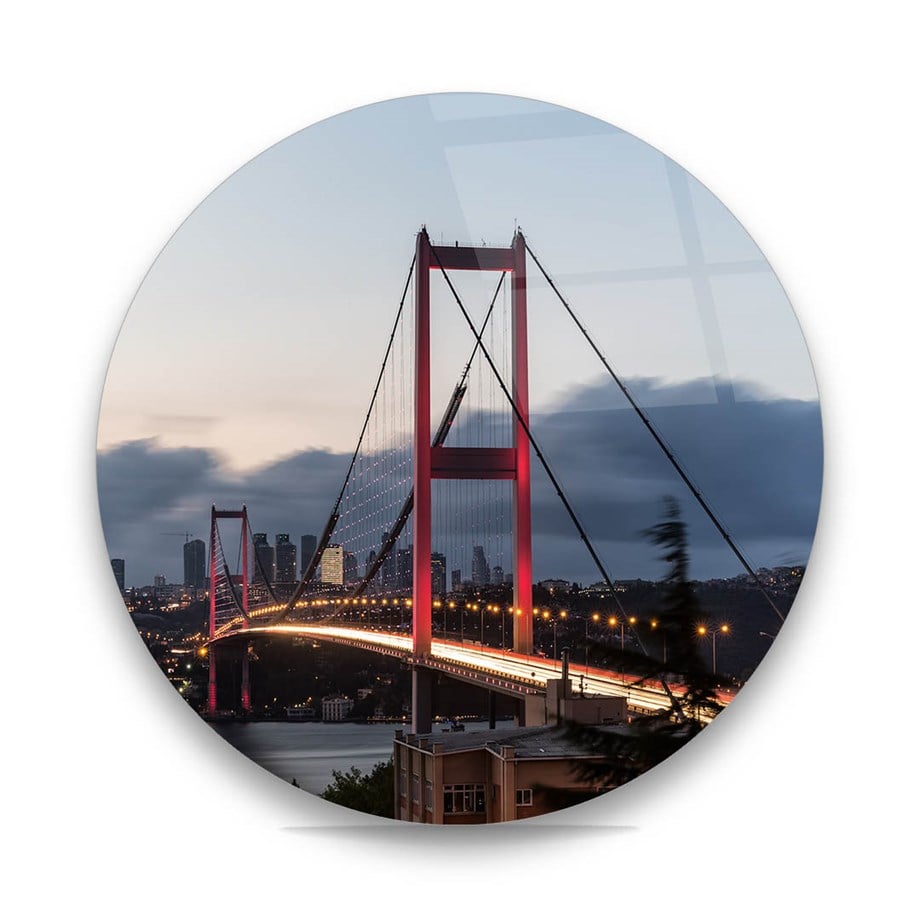 İstanbul Boğaz Köprüsü Yuvarlak Cam Tablo-Glass Art Concept