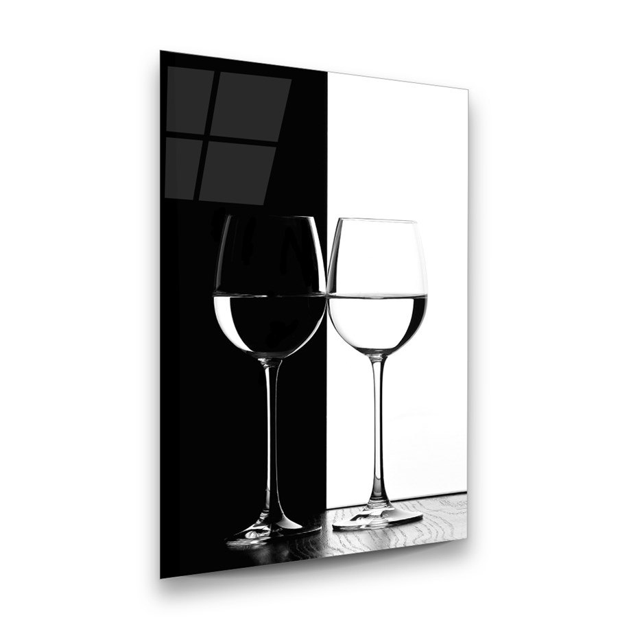 Kadehler Siyah Beyaz Dikey Cam Tablo-Glass Art Concept