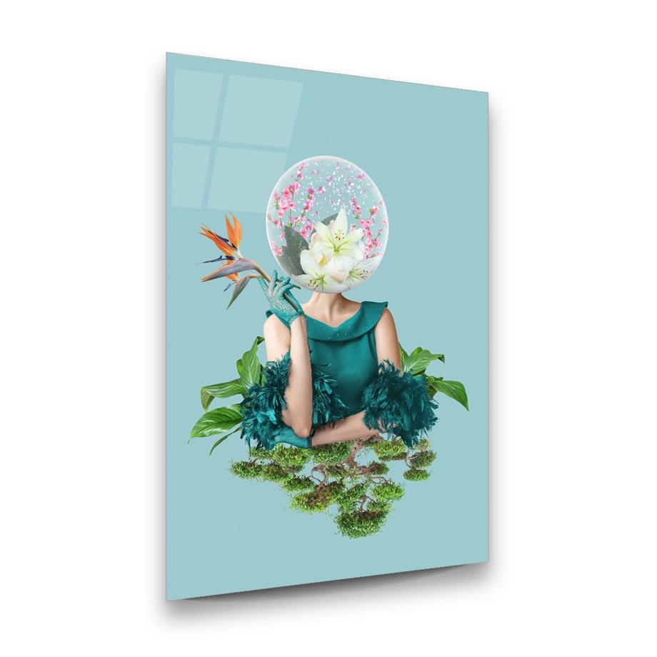 Kadın ve Çiçek Manipülasyon Dikey Cam Tablo-Glass Art Concept