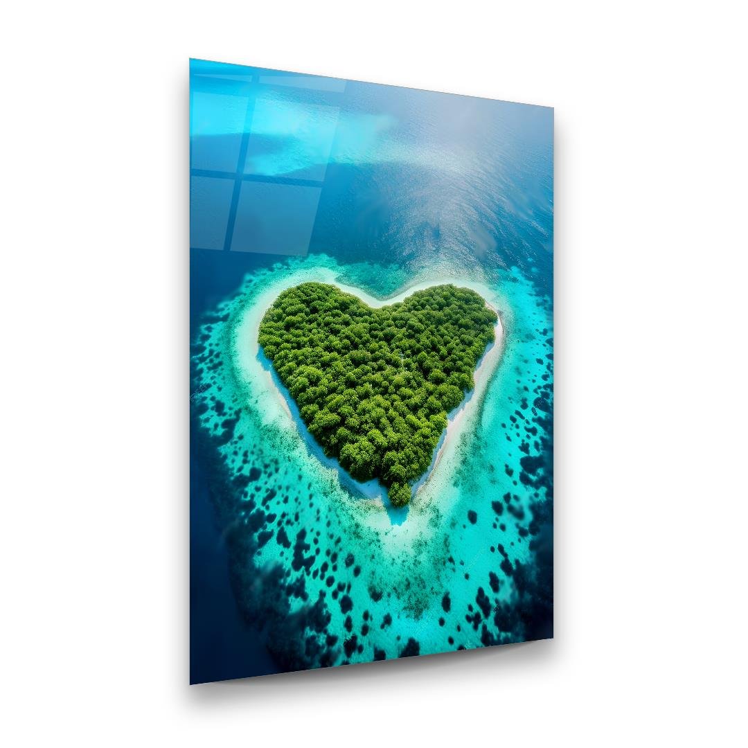 Kalp Adası Dikey Cam Tablo-Glass Art Concept