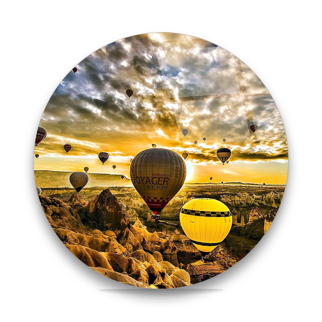 Kapadokya Süper Balonlar Yuvarlak Cam Tablo-Glass Art Concept