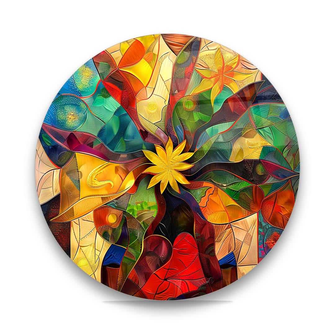 Karışık Renkli Desen Yuvarlak Cam Tablo-Glass Art Concept